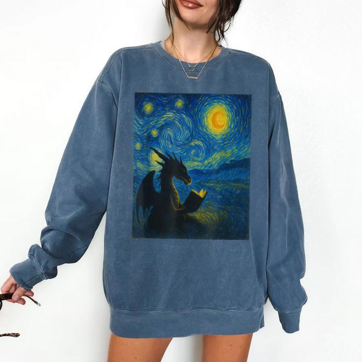 Van Gogh Starry Night Fantasy Reader Dragon Reading Book Comfort Colors Sweatshirt