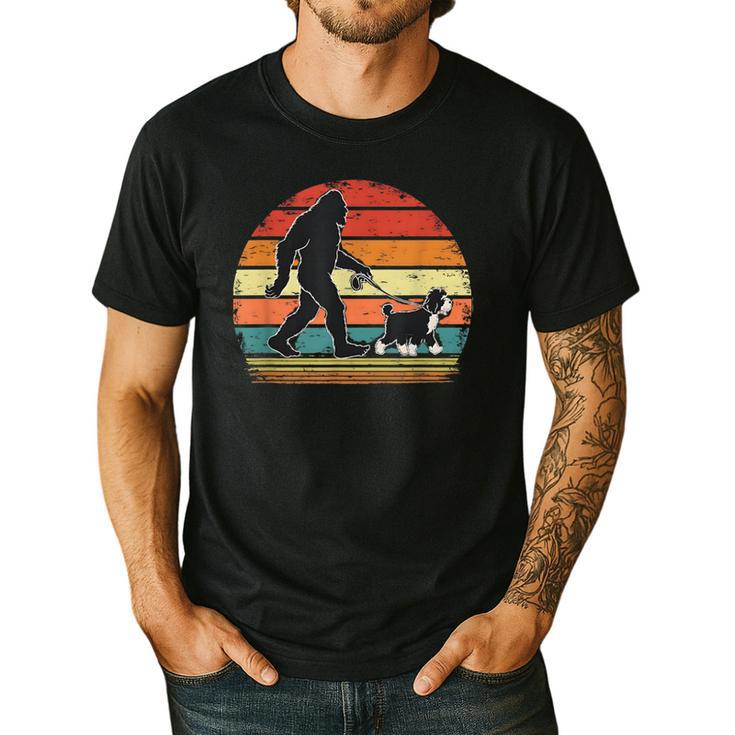 Bigfoot Walking a Dog Bernedoodle Dog Dad Men's Casual T-Shirt
