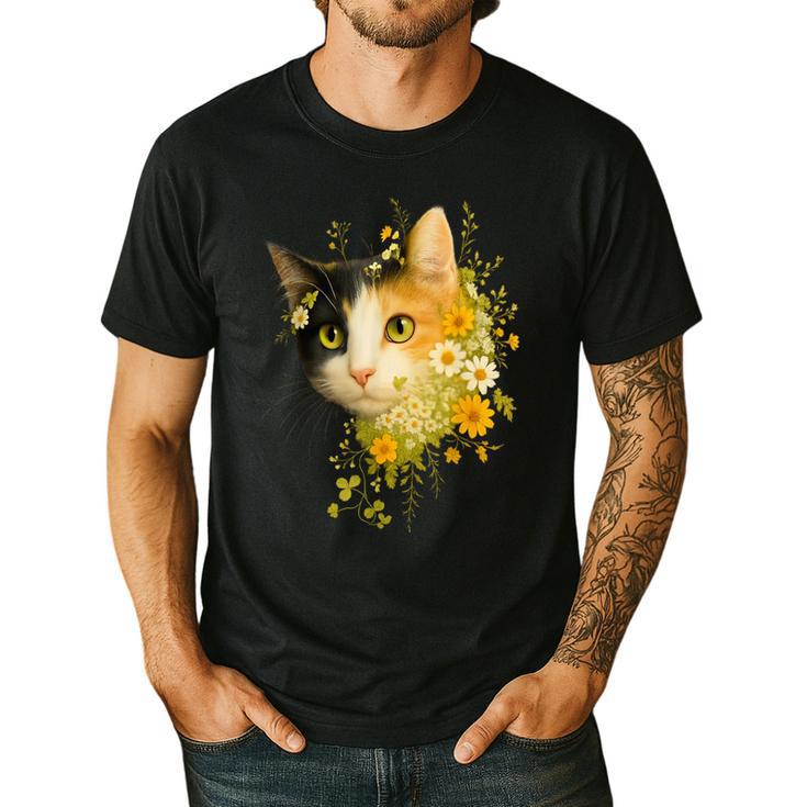 Calico Cat With Flowers For Mom Dad Women Men Kids Botanical Men's Casual T-Shirt