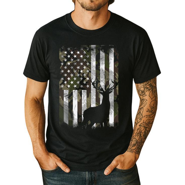 Camo US Flag Deer Elk Buck Camoflage Hunting Hunter Dad Short Sleeve Men's Casual T-Shirt