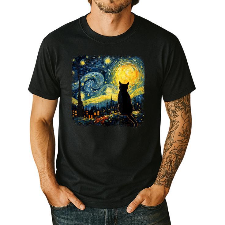Cat Starry Night Van Gogh Cat For Cat Lover Cat Mom Cat Dad Men's Casual T-Shirt