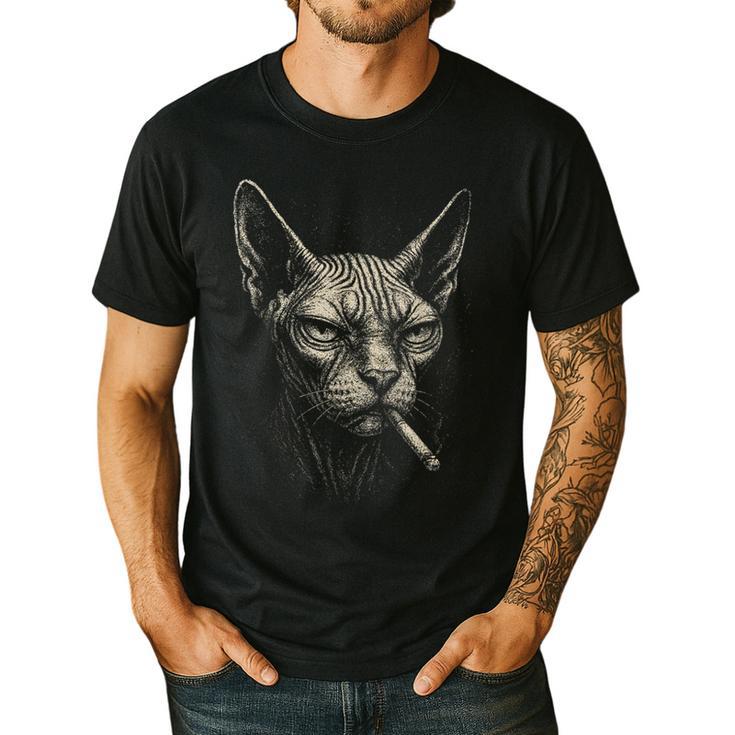 Cigarette Smoking Sphynx Cat Meme Stupid For Dad Men's Casual T-Shirt