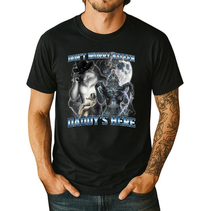 Cool Alpha Wolf Meme Don't Worry Kitten Daddy's Here Men's Casual T-Shirt