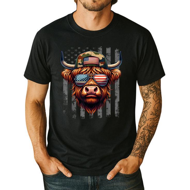 Highland Cow 4th July USA Flag Dad Father America Men Boys Men's Casual T-Shirt