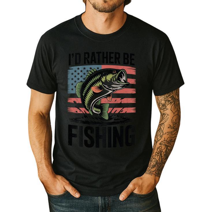 I'd Rather Be Fishing Bass Fish Dad Joke American Flag Men's Casual T-Shirt