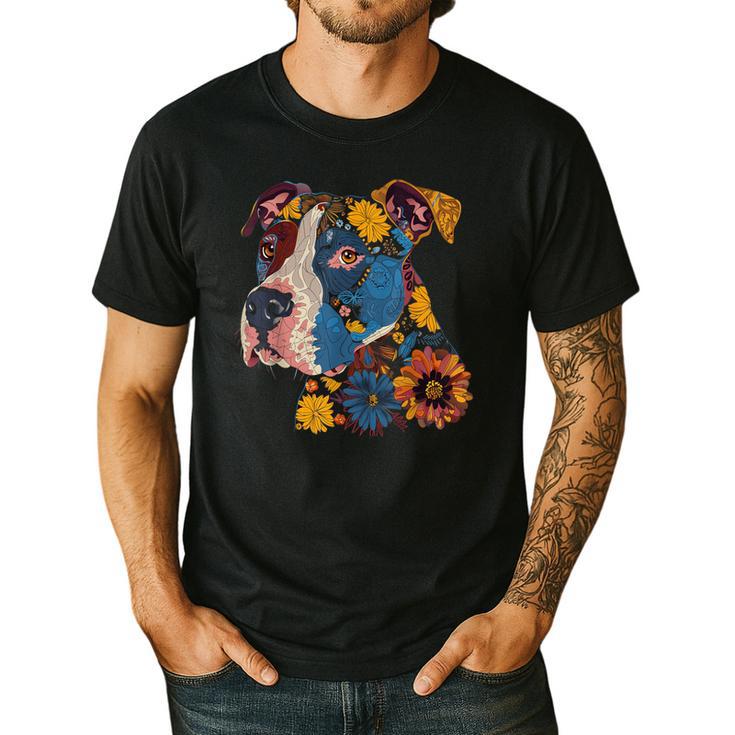 Pitbull Floral Dog Lover Vintage Flower Art Pitbull Mom Dad Men's Casual T-Shirt