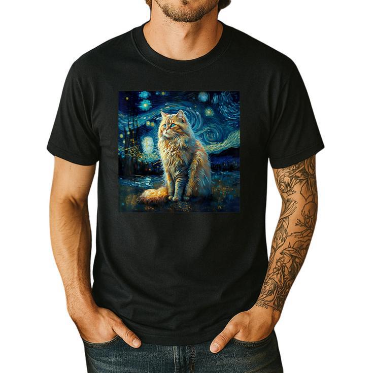 Van Gogh Starry Night Cat For Cat Lover Cat Mom And Cat Dad Men's Casual T-Shirt