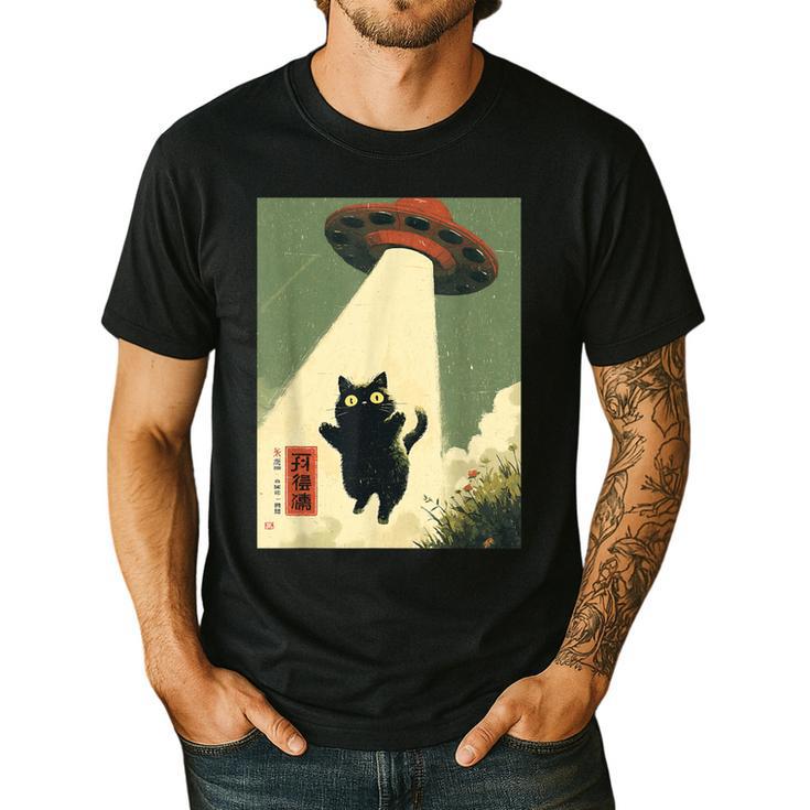 Vintage Japanese Cat Alien Cat Dad UFO Abduction Graphic Tee Men's Casual T-Shirt