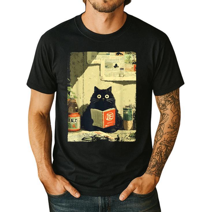 Vintage Japanese Cat Book Lovers Librarian Cat Dad Teacher Men's Casual T-Shirt