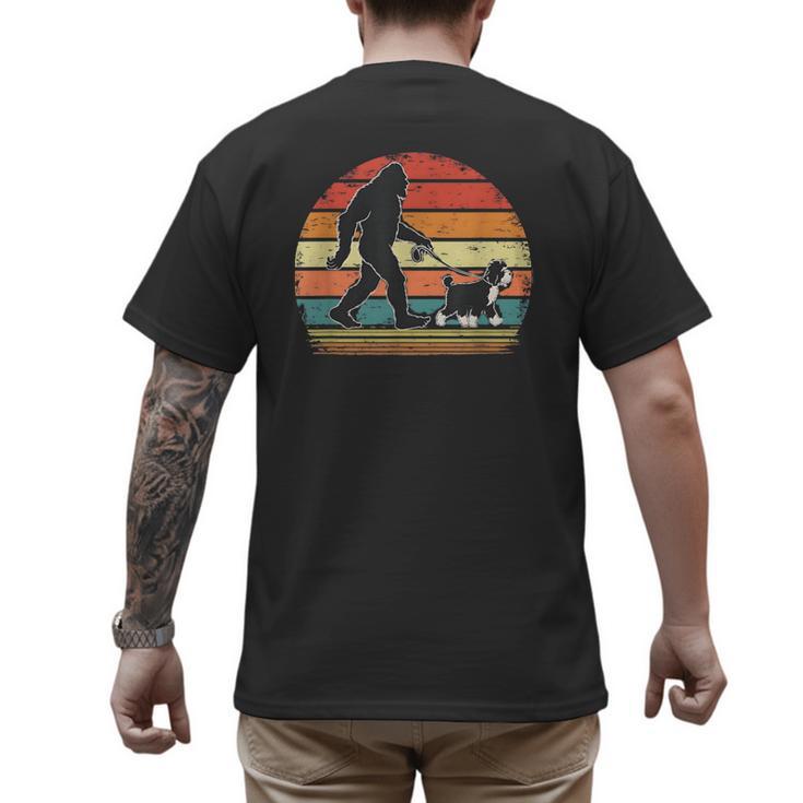 Bigfoot Walking a Dog Bernedoodle Dog Dad Men's Back Print T-Shirt