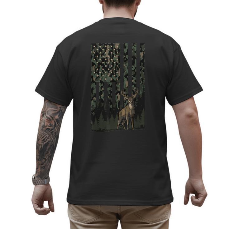 Camo Deer American Flag Graphic Hunting Men Dad Boys Men's Back Print T-Shirt