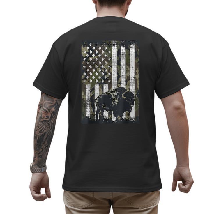 Camo USA Flag Bison Camouflage Hunting Wildlife Hunter Dad Men's Back Print T-Shirt