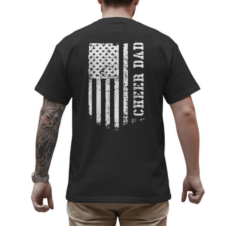 Cheer Dad Cheerleading American Flag Fathers Day Cheerleader Men's Back Print T-Shirt