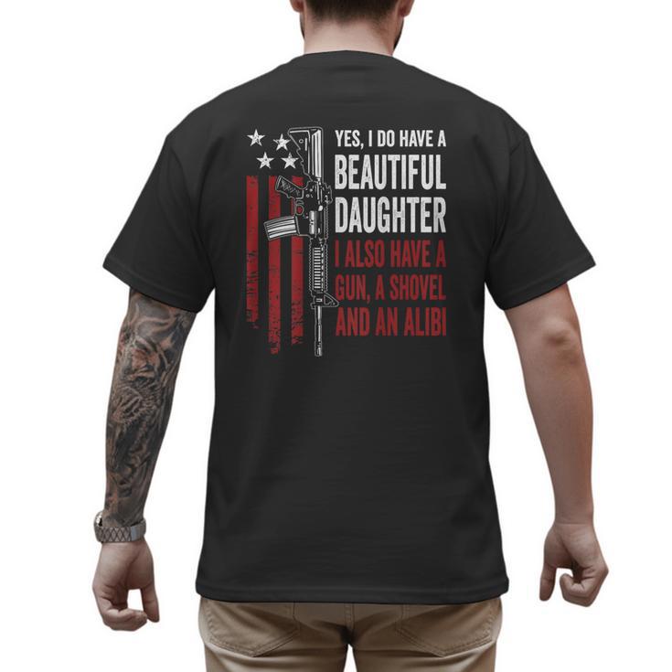 Daughter Gun Shovel Alibi Mom Dad Guns Joke -ON Back Men's Back Print T-Shirt