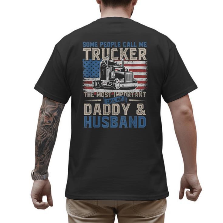 Semi Truck Driver Trucker Daddy Husband US American Flag Men's Back Print T-Shirt