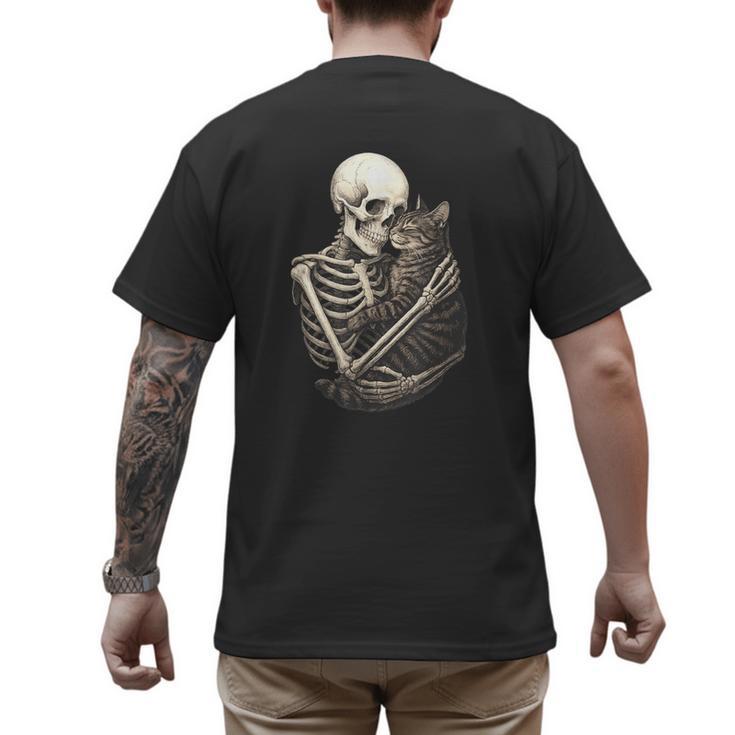 Skeleton Hugging Cat Halloween Cat Lover Cat Mom Dad Men's Back Print T-Shirt