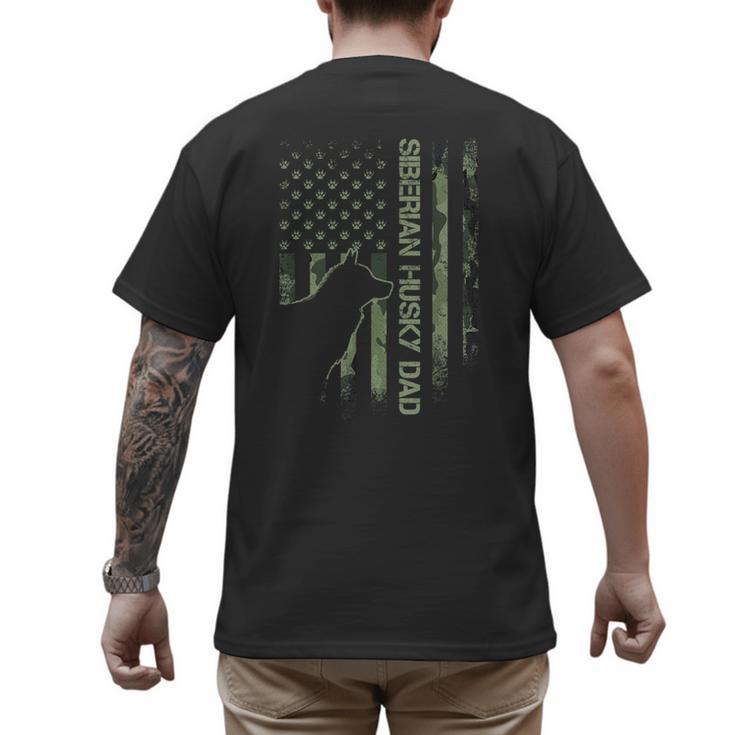 Vintage USA Camo Flag Proud Siberian Husky Dad Silhouette Men's Back Print T-Shirt