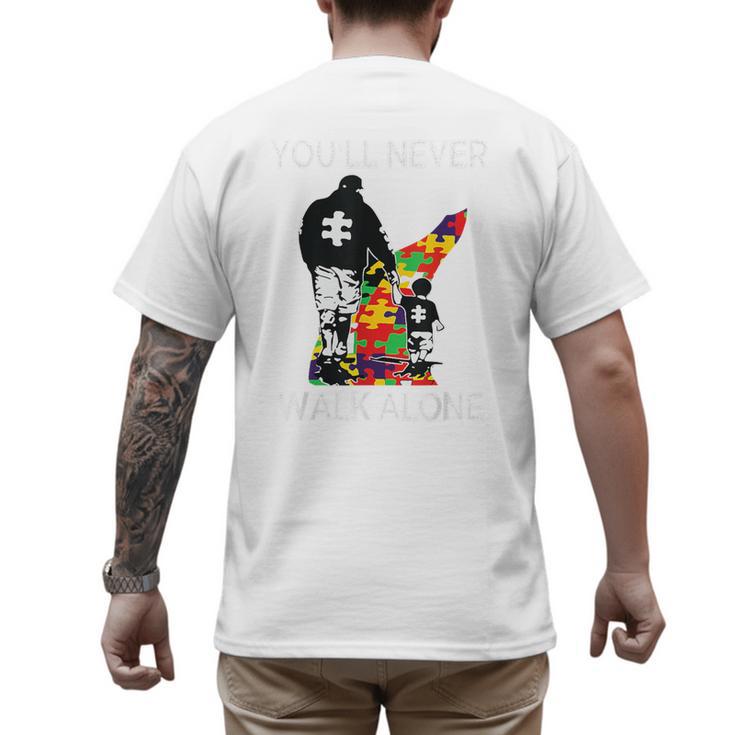 Autism Dad Support Alone Puzzle You'Ll Never Walk Premium Tri-Blend Men's Back Print T-Shirt