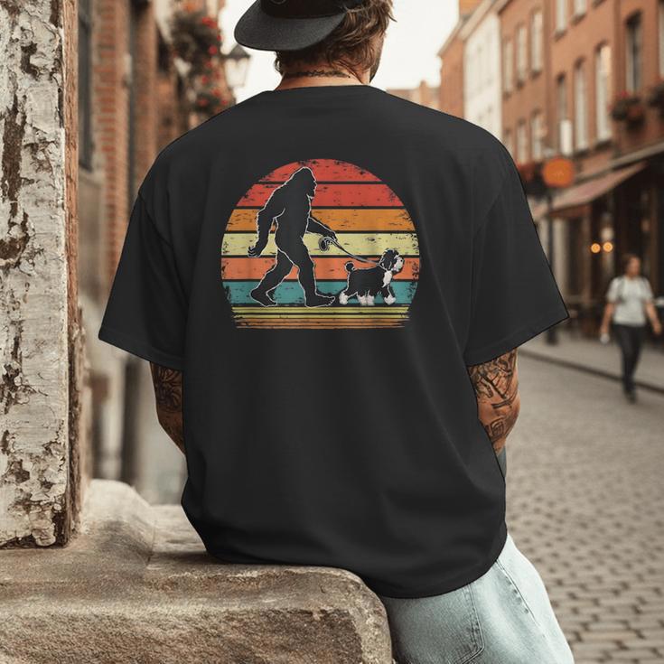 Bigfoot Walking a Dog Bernedoodle Dog Dad Men's Back Print T-Shirt
