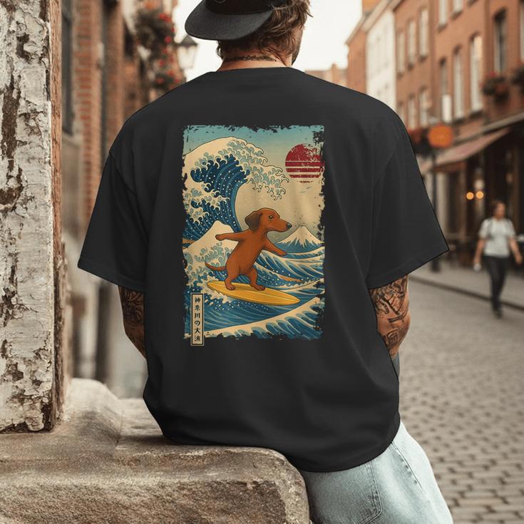 Dachshund Doxie Japanese Kanagawa Wave Surfing Japan Mom Dad Men's Back Print T-Shirt