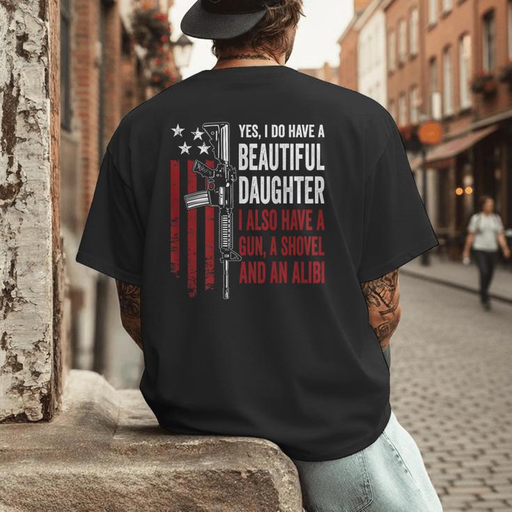 Daughter Gun Shovel Alibi Mom Dad Guns Joke -ON Back Men's Back Print T-Shirt