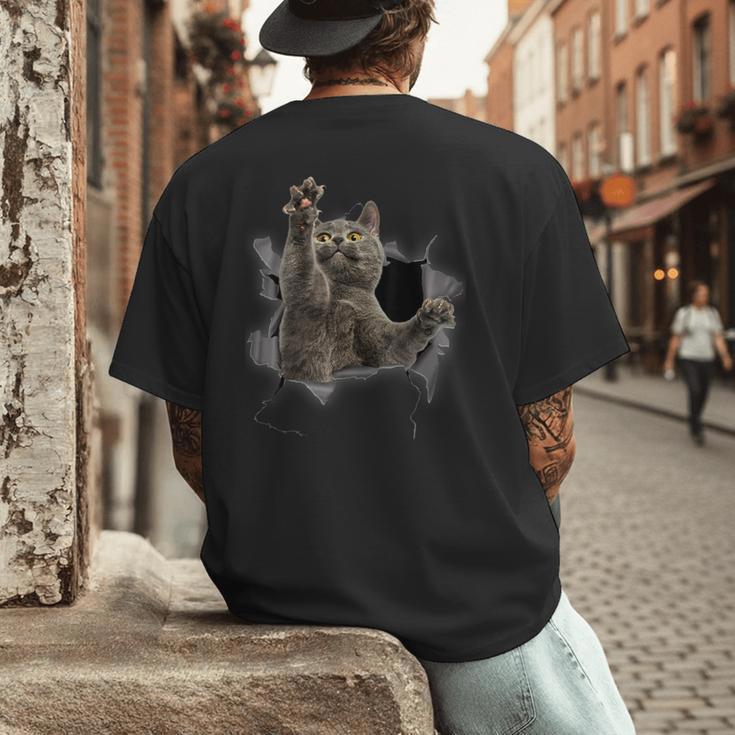 Grey Cat Torn Cloth Cat Dad Cat Mom Cat Lover Men's Back Print T-Shirt