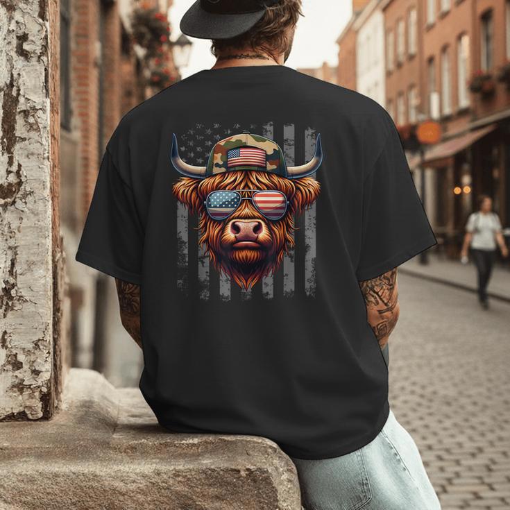 Highland Cow 4th July USA Flag Dad Father America Men Boys Men's Back Print T-Shirt