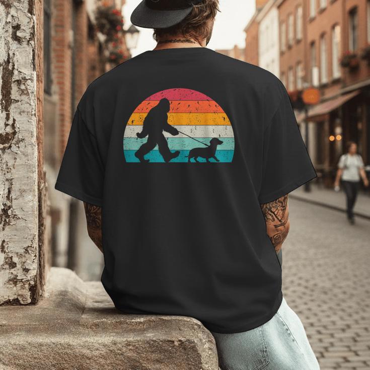 Retro Sasquatch Lover Doxie Wiener Dog Walker Bigfoot Walking a Dog Dachshund Weiner Dog Dad Weenie Small Men's Back Print T-Shirt