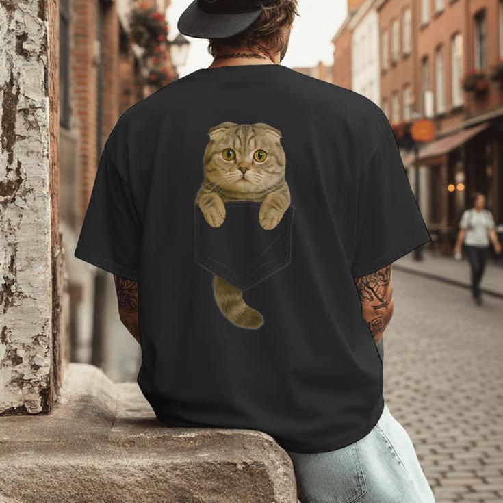 Scottish Fold Cat Pocket Cat Mom Cat Dad Cat Lover Men's Back Print T-Shirt