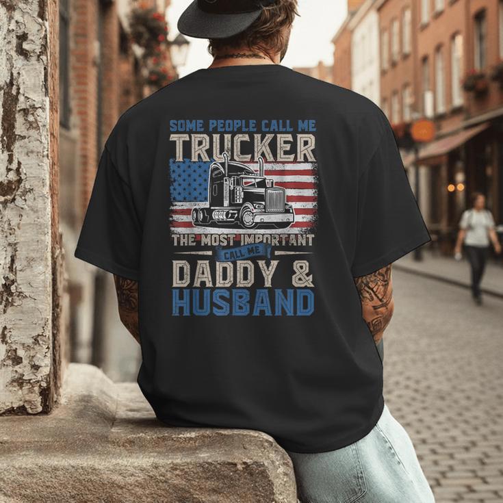 Semi Truck Driver Trucker Daddy Husband US American Flag Men's Back Print T-Shirt