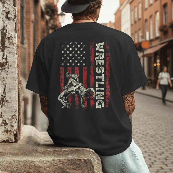 Wrestling US Flag Dad Wrestler Patriotic 4th Of July Men's Back Print T-Shirt