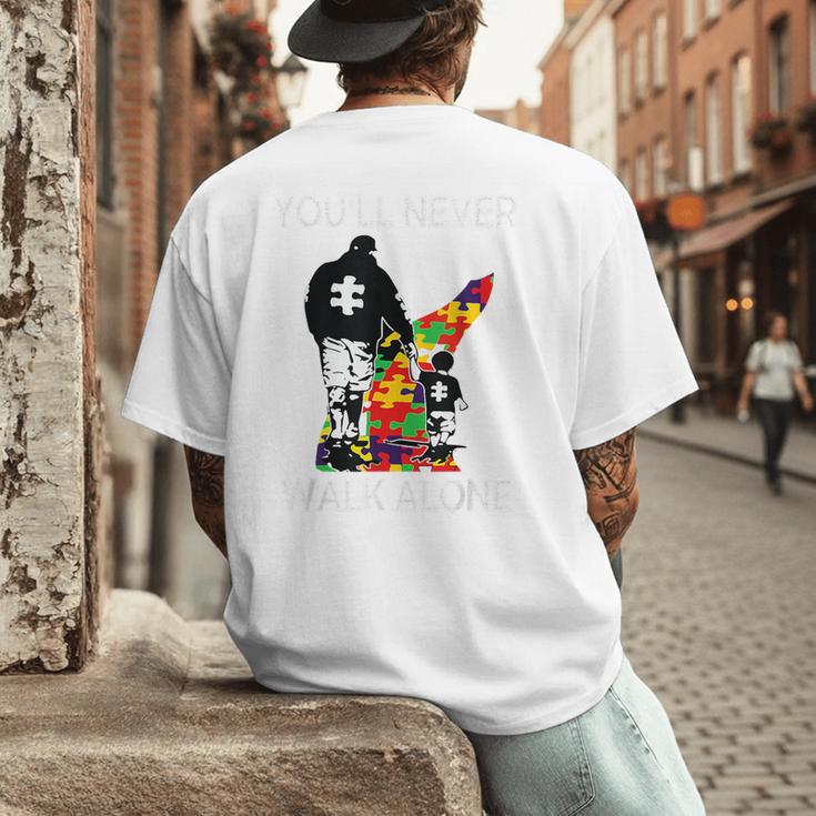 Autism Dad Support Alone Puzzle You'Ll Never Walk Premium Tri-Blend Men's Back Print T-Shirt