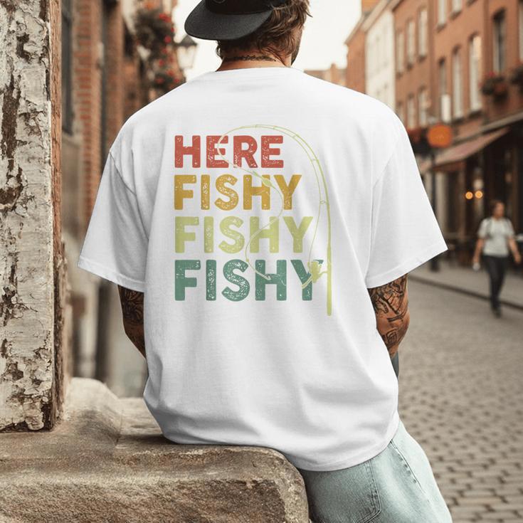 Fishing Here-Fishy Bass Fish Dad Men's Back Print T-Shirt