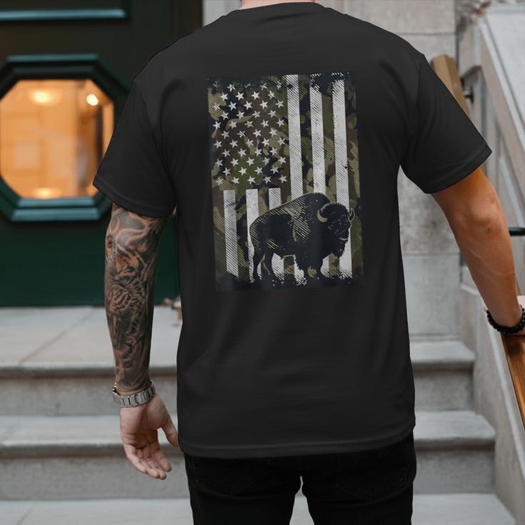Camo USA Flag Bison Camouflage Hunting Wildlife Hunter Dad Men's Back Print T-Shirt