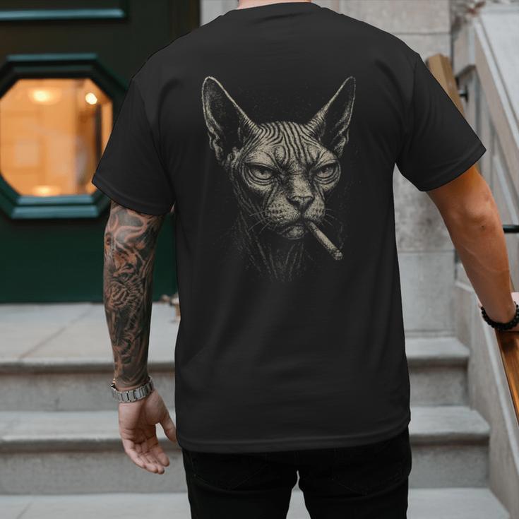 Cigarette Smoking Sphynx Cat Meme Stupid For Dad Men's Back Print T-Shirt
