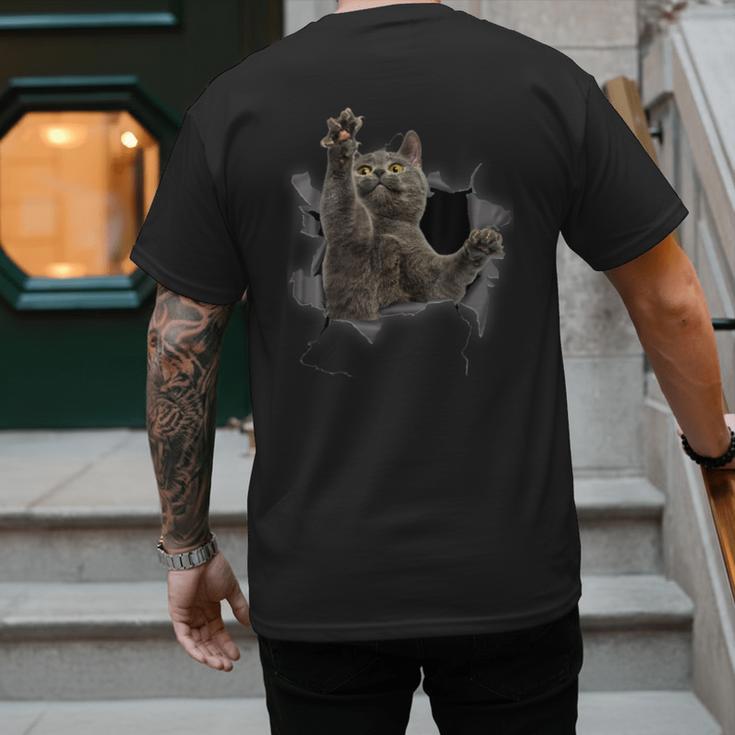 Grey Cat Torn Cloth Cat Dad Cat Mom Cat Lover Men's Back Print T-Shirt