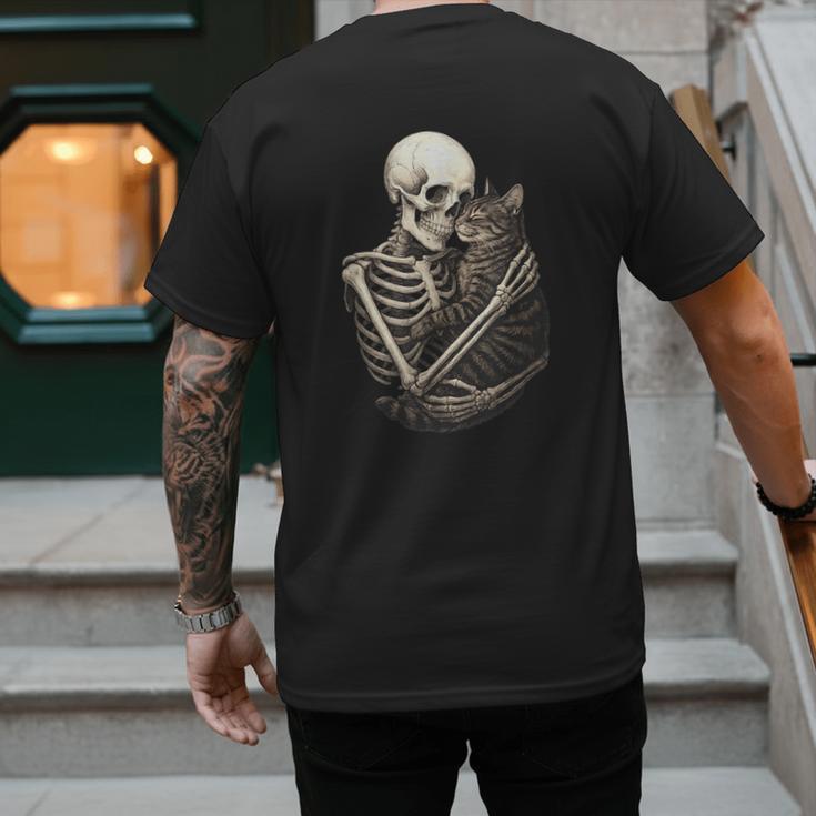 Skeleton Hugging Cat Halloween Cat Lover Cat Mom Dad Men's Back Print T-Shirt
