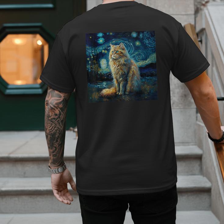 Van Gogh Starry Night Cat For Cat Lover Cat Mom And Cat Dad Men's Back Print T-Shirt