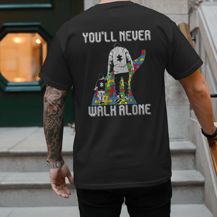 Vintage Father Son Family Autistic Kids Autism Awareness Dad Men's Back Print T-Shirt