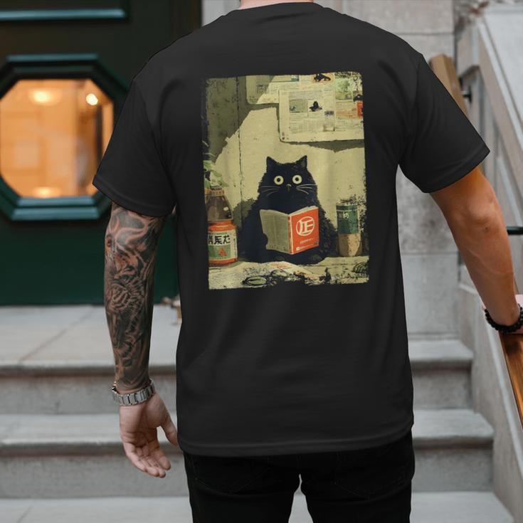 Vintage Japanese Cat Book Lovers Librarian Cat Dad Teacher Men's Back Print T-Shirt