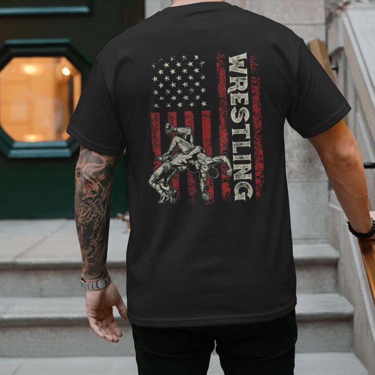 Wrestling US Flag Dad Wrestler Patriotic 4th Of July Men's Back Print T-Shirt