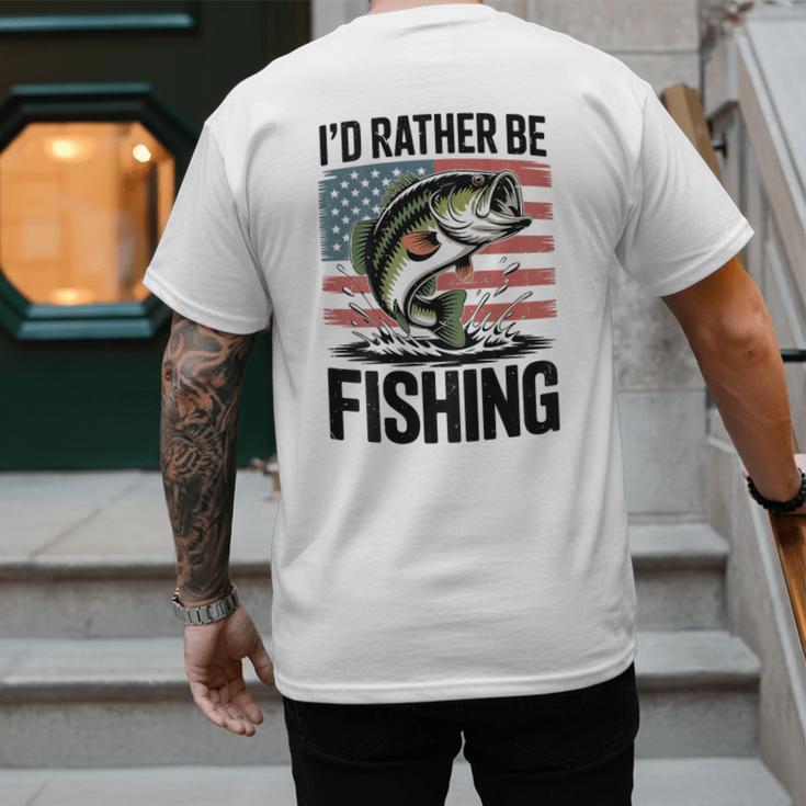 I'd Rather Be Fishing Bass Fish Dad Joke American Flag Men's Back Print T-Shirt
