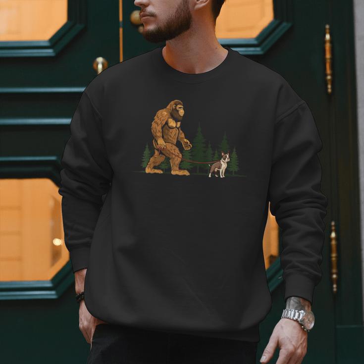 Boston Terrier Bigfoot Dog Walking Dog Mom Dad Kids Men Sweatshirt