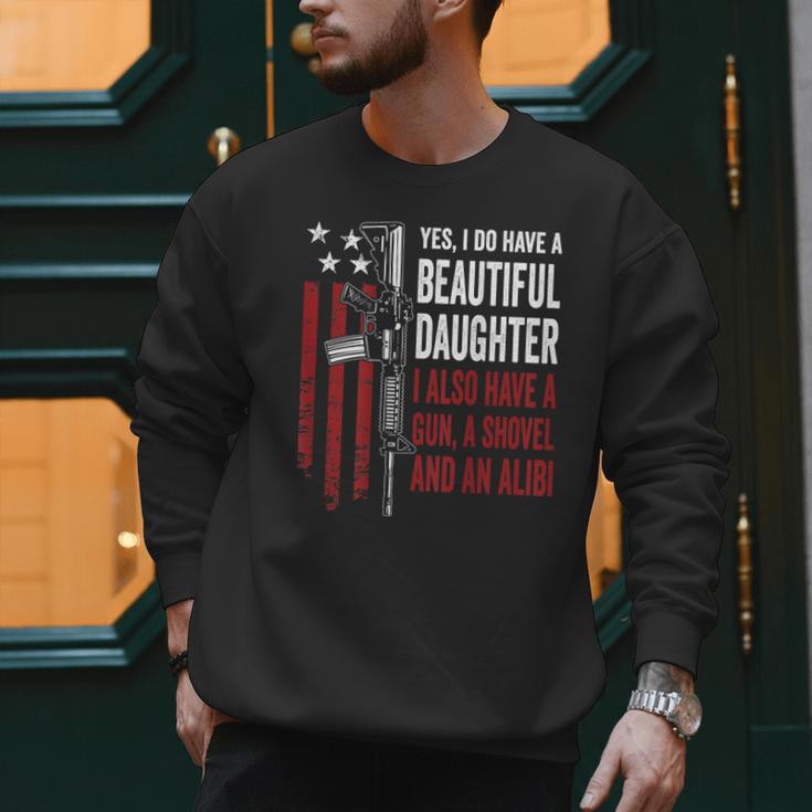 Daughter Gun Shovel Alibi Mom Dad Guns Joke -ON Back Men Sweatshirt Daughter Gun Shovel Alibi Mom Dad Guns Joke -ON Back Men Sweatshirt