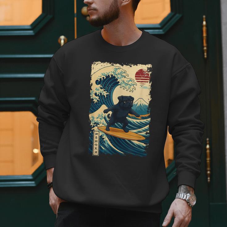 Pug Japanese Kanagawa Wave Surfing Japan Mom Dad Kids Men Sweatshirt