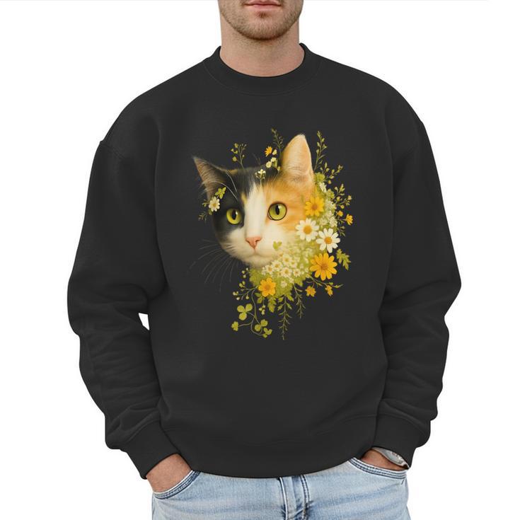 Calico Cat With Flowers For Mom Dad Women Men Kids Botanical Men Sweatshirt