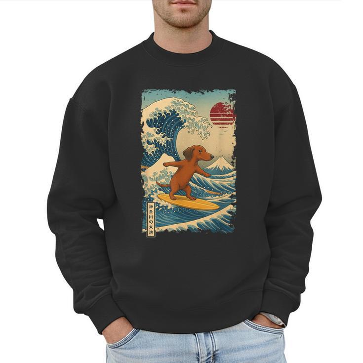 Dachshund Doxie Japanese Kanagawa Wave Surfing Japan Mom Dad Men Sweatshirt