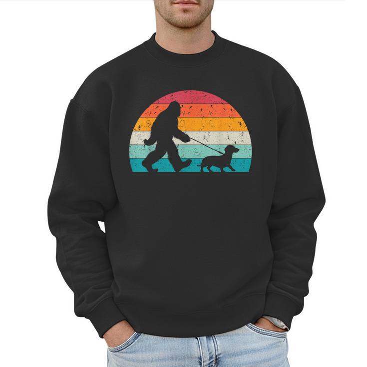 Retro Sasquatch Lover Doxie Wiener Dog Walker Bigfoot Walking a Dog Dachshund Weiner Dog Dad Weenie Small Men Sweatshirt