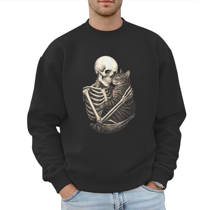 Skeleton Hugging Cat Halloween Cat Lover Cat Mom Dad Men Sweatshirt