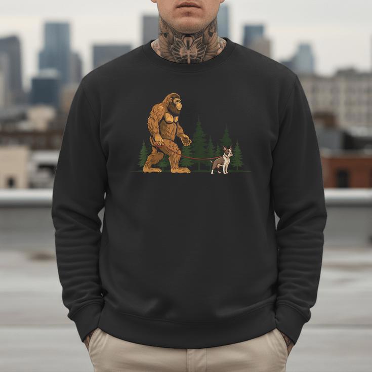 Boston Terrier Bigfoot Dog Walking Dog Mom Dad Kids Men Sweatshirt